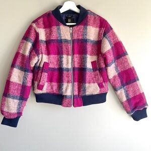 Plaid wool bomber jacket womens medium House of Harlow pink blue crop zip pocket